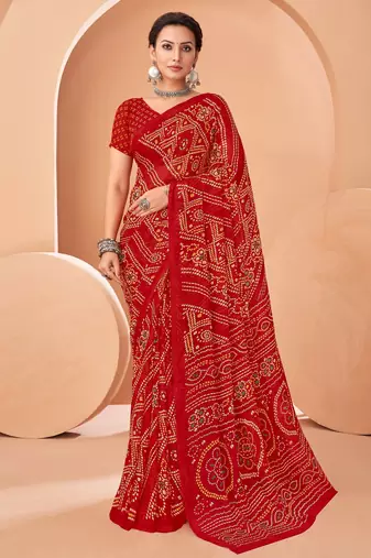 Red bandhani print soft chiffon traditional saree with unstitch blouse
