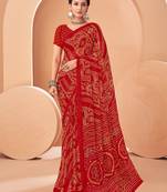 Red bandhani print soft chiffon traditional saree with unstitch blouse
