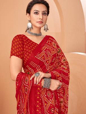 Red bandhani print soft chiffon traditional saree with unstitch blouse 2