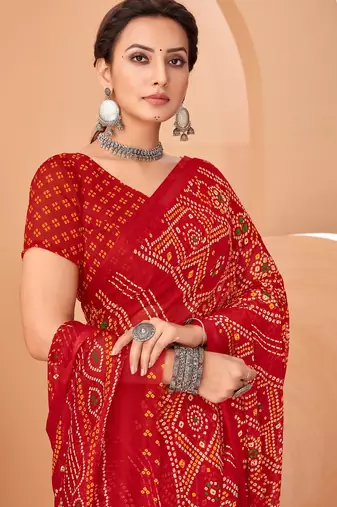 Red bandhani print soft chiffon traditional saree with unstitch blouse