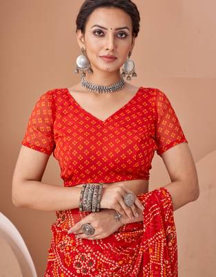 Red bandhani print soft chiffon traditional saree with unstitch blouse 3