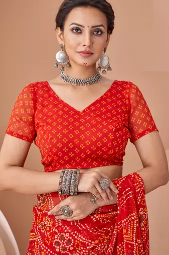 Red bandhani print soft chiffon traditional saree with unstitch blouse