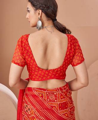 Red bandhani print soft chiffon traditional saree with unstitch blouse 4