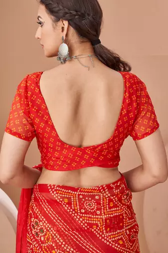 Red bandhani print soft chiffon traditional saree with unstitch blouse