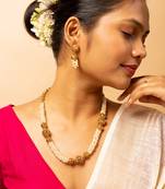 Pearl-adorned gold-tone long necklace & earrings set