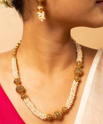 Pearl-adorned gold-tone long necklace & earrings set 2