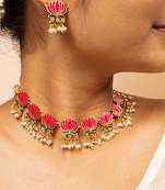 High gold pink lotus pendant necklace set with pearls