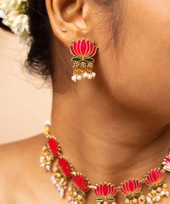 High gold pink lotus pendant necklace set with pearls 2