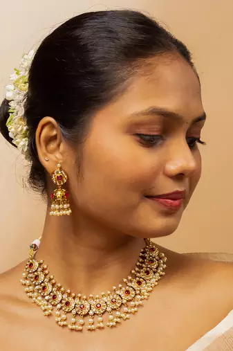 Pearl & ruby matte gold bridal set