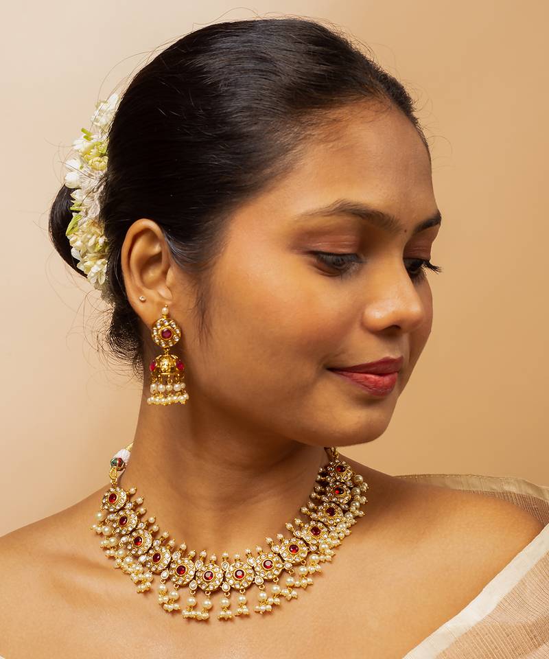 Pearl & ruby matte gold bridal set