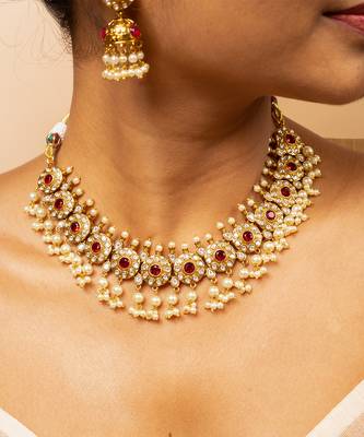 Pearl & ruby matte gold bridal set 3