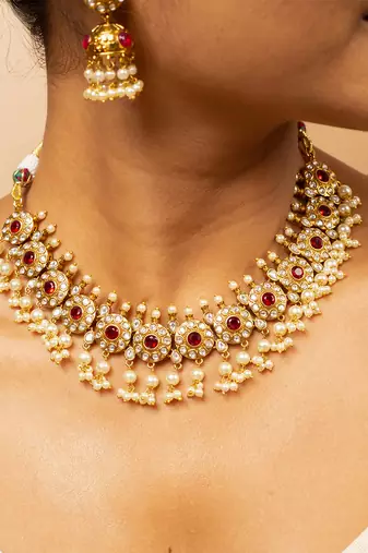 Pearl & ruby matte gold bridal set