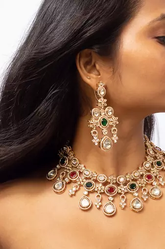 American diamond necklace set with red & green stone highlights