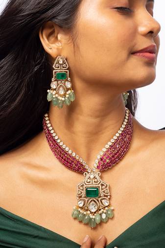 American diamond choker set with green and pink stone work