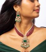 American diamond choker set with green and pink stone work