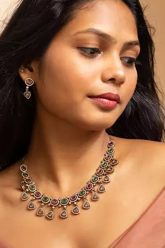 American diamond necklace set with green and pink stones