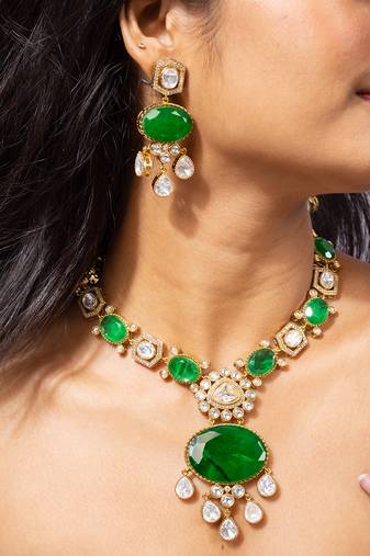 Royal green stone and american diamond necklace set