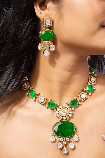 Royal green stone and american diamond necklace set