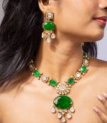 Royal green stone and american diamond necklace set