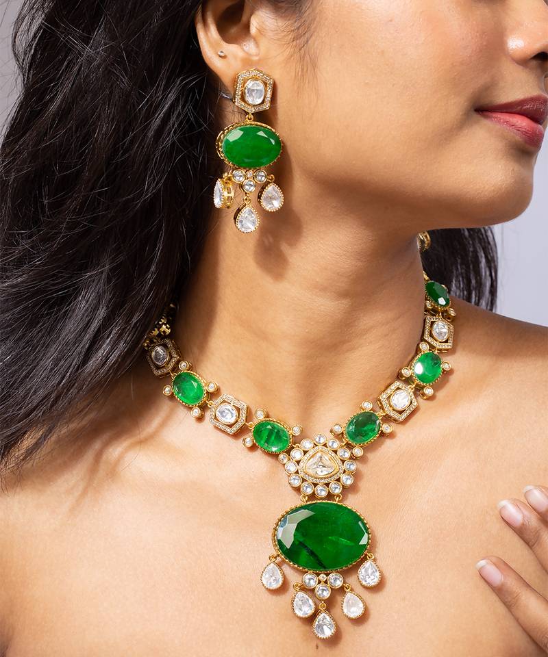 Royal green stone and american diamond necklace set
