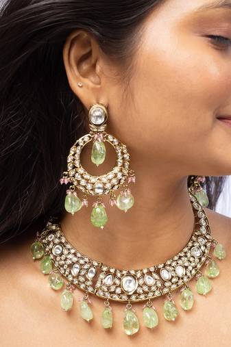 Kundan choker necklace with light green bead drops