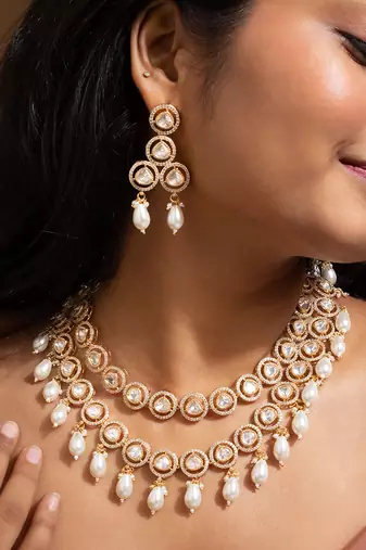 Elegant pearl drop american diamond necklace set