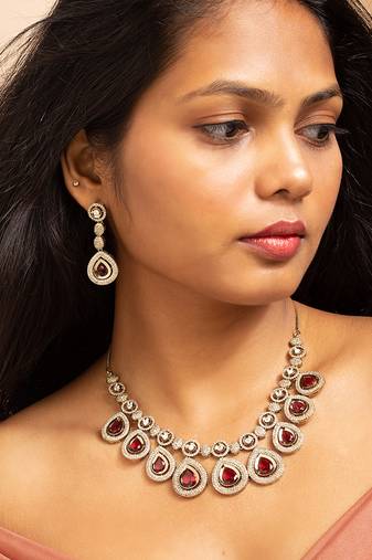 Elegant american diamond necklace set with ruby red teardrops