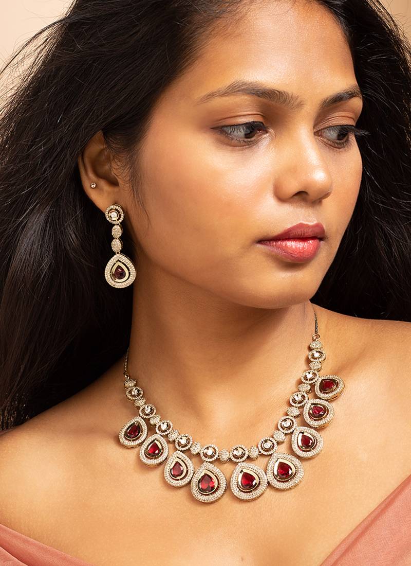 Elegant american diamond necklace set with ruby red teardrops
