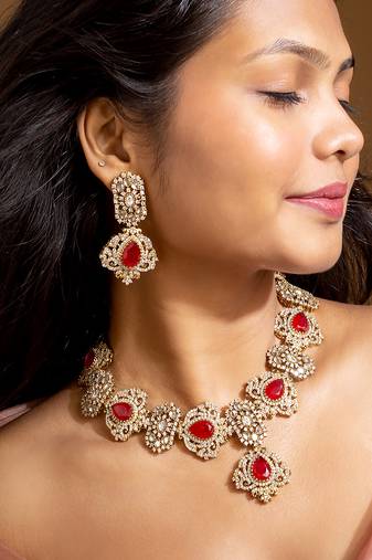 Bridal red stone and american diamond choker set