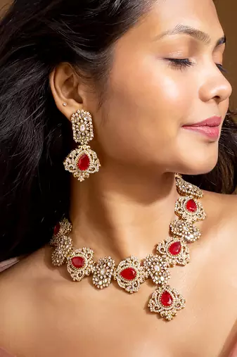 Bridal red stone and american diamond choker set
