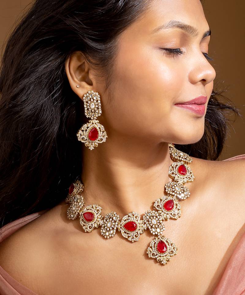 Bridal red stone and american diamond choker set