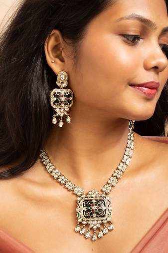 Traditional meenakari kundan necklace set with floral pendant