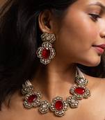 Antique floral choker necklace set with red stones and pearl strings