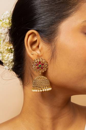 High gold floral jhumka earrings