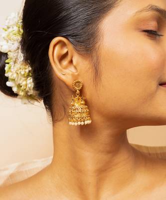 Traditional gold-plated jhumka earrings with pearl detailing 1