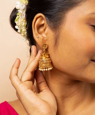 Traditional gold-plated jhumka earrings with pearl detailing 2