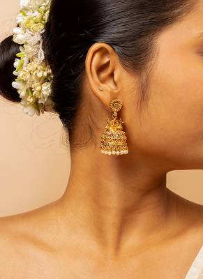 Traditional gold-plated jhumka earrings with pearl detailing 3