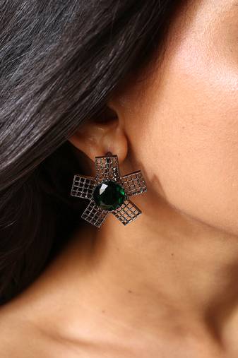 Black rodium geometric flower earrings with green gem