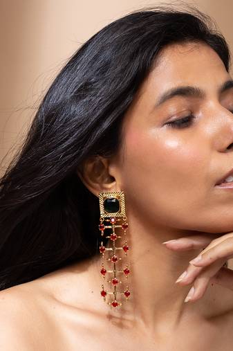 Elegant high gold red stone drop earrings