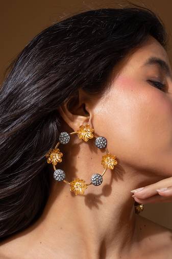 Two-tone floral earrings with crystal accents