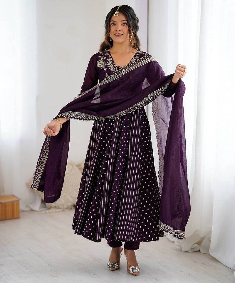 Purple Color New Designer Anarkali Suit Set Wedding Wear Gown Festival Wear Suit Set