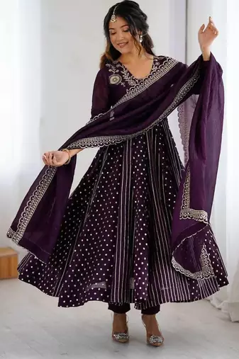 Purple embroidered Anarkali Suit Set Wedding Wear Gown Festival Wear Suit Set