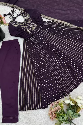 Purple embroidered Anarkali Suit Set Wedding Wear Gown Festival Wear Suit Set