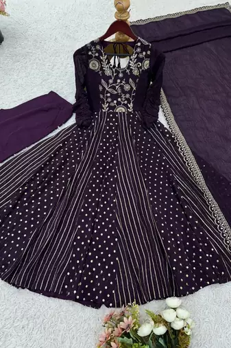 Purple embroidered Anarkali Suit Set Wedding Wear Gown Festival Wear Suit Set