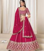 red embriodered art silk lehenga set with choli and dupatta