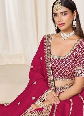 red embriodered art silk blend lehenga set with choli and dupatta 2