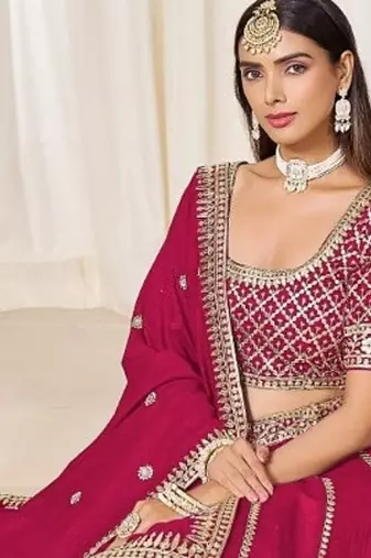 red embriodered art silk lehenga set with choli and dupatta