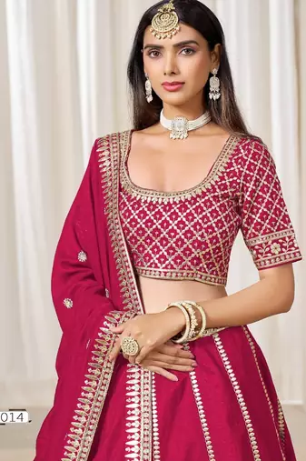 red embriodered art silk lehenga set with choli and dupatta