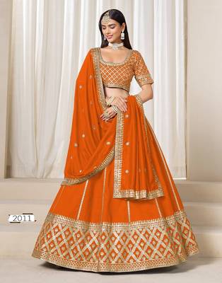 orange embriodered art silk blend lehenga set with choli and dupatta 1