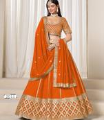 orange embriodered art silk lehenga set with choli and dupatta